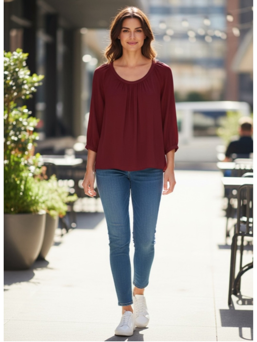 James Perse Peasant 3/4 Sleeve Top Blouse Burgundy Maroon Boho Women’s Medium